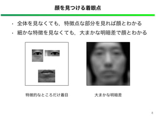 8
特徴的なところだけ着目 大まかな明暗差
顔を見つける着眼点
• 全体を見なくても，特徴点な部分を見れば顔とわかる
• 細かな特徴を見なくても，大まかな明暗差で顔とわかる
 