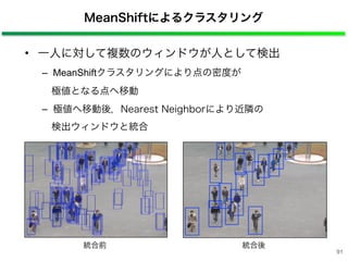 MeanShiftによるクラスタリング
• 一人に対して複数のウィンドウが人として検出
– MeanShiftクラスタリングにより点の密度が
極値となる点へ移動
– 極値へ移動後，Nearest Neighborにより近隣の
検出ウィンドウと統合
統合前 統合後
91
 
