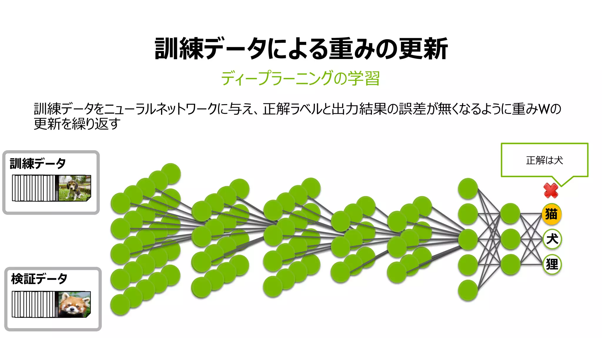 訓練データによる重みの更新
ディープラーニングの学習
訓練データ
猫
犬
熊
検証データ
訓練データをニューラルネットワークに与え、正解ラベルと出力結果の誤差が無くなるように重みWの
更新を繰り返す
猫
犬
狸
正解は犬
 