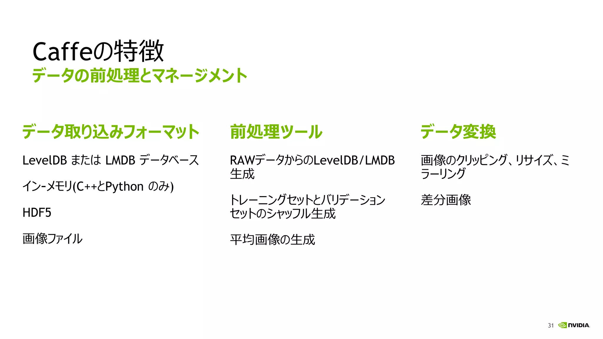 31
Caffeの特徴
データの前処理とマネージメント
データ取り込みフォーマット
LevelDB または LMDB データベース
イン-メモリ(C++とPython のみ)
HDF5
画像ファイル
前処理ツール
RAWデータからのLevelDB/LMDB
生成
トレーニングセットとバリデーション
セットのシャッフル生成
平均画像の生成
データ変換
画像のクリッピング、リサイズ、ミ
ラーリング
差分画像
 