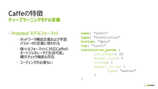 32
Caffeの特徴
Protobuf モデルフォーマット
ネットワーク構造定義および学習
パラメータの定義に使われる
様々なフォーマットに対応Caffeの
オートジェネレータで生成可能。
構文チェック機能も存在
コーディングが必要ない
name: “conv1”
type: “Convolution”
bottom: “data”
top: “conv1”
convolution_param {
num_output: 20
kernel_size: 5
stride: 1
weight_filler {
type: “xavier”
}
}
ディープラーニングモデル定義
 
