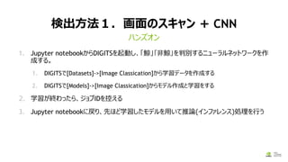 検出方法１．画面のスキャン + CNN
1. Jupyter notebookからDIGITSを起動し、「鯨」｢非鯨｣を判別するニューラルネットワークを作
成する。
1. DIGITSで[Datasets]->[Image Classication]から学習データを作成する
2. DIGITSで[Models]->[Image Classication]からモデル作成と学習をする
2. 学習が終わったら、ジョブIDを控える
3. Jupyter notebookに戻り、先ほど学習したモデルを用いて推論(インファレンス)処理を行う
ハンズオン
 