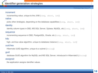 Identifier generation strategies increment incrementing value, unique to the JVM ( long, short, int ) native picks other strategies, depending on the database capabilities ( long, short, int ) identity identity column types in DB2, MS SQL Server, Sybase, MySQL, etc ( long, short, int ) sequence incrementing sequence in DB2, PostgreSQL, Oracle, etc ( long, short, int ) hilo high- and low-value algorithm, unique to database instance ( long, short, int ) uuid.hex Hibernate UUID algorithm, unique to a subnet ( String ) guid database GUID algorithm for MySQL and MS SQL Server, introduced in Hibernate3 ( String ) assigned the application assigns identifier values 