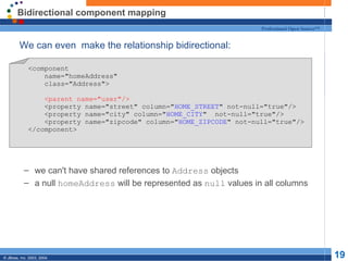 Bidirectional component mapping We can even  make the relationship bidirectional: we can't have shared references to  Address  objects a null  homeAddress  will be represented as  null  values in all columns <component name="homeAddress" class="Address"> <parent name="user"/> <property name="street" column=" HOME_STREET " not-null="true"/> <property name="city" column=" HOME_CITY "  not-null="true"/> <property name="zipcode" column=" HOME_ZIPCODE " not-null="true"/> </component> 