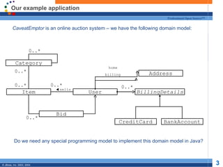 Our example application CaveatEmptor  is an online auction system – we have the following domain model: Do we need any special programming model to implement this domain model in Java? Item 0..* User 0..* sells Bid 0..* 0..* Address 0..* BillingDetails CreditCard BankAccount home billing 0..* Category 