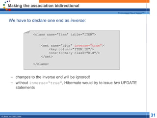 Making the association bidirectional We have to declare one end as  inverse: changes to the inverse end will be ignored! without  inverse=“true” , Hibernate would try to issue  two  UPDATE statements <class name="Item" table="ITEM"> ...  <set name="bids"  inverse="true" > <key column="ITEM_ID"/> <one-to-many class="Bid"/> </set> </class> 