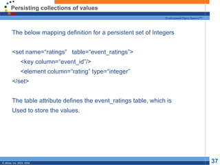Persisting collections of values The below mapping definition for a persistent set of Integers  <set name=“ratings”  table=“event_ratings”> <key column=“event_id”/> <element column=“rating” type=“integer” </set> The table attribute defines the event_ratings table, which is  Used to store the values. 
