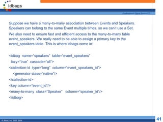 idbags Suppose we have a many-to-many association between Events and Speakers. Speakers can belong to the same Event multiple times, so we can’t use a Set. We also need to ensure fast and efficient access to the many-to-many table event_speakers. We really need to be able to assign a primary key to the event_speakers table. This is where idbags come in: <idbag  name=“speakers”  table=“event_speakers” lazy=“true”  cascade=“all”> <collection-id  type=“long”  column=“event_speakers_id”> <generator-class=“native”/> </collection-id> <key column=“event_id”/> <many-to-many  class=“Speaker”  column=“speaker_id”/> </idbag> 