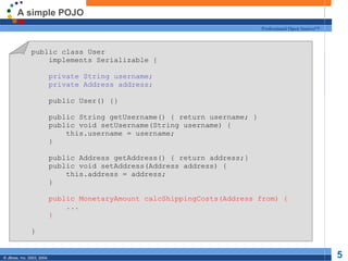 A simple POJO public class User implements Serializable { private String username; private Address address; public User() {} public String getUsername() { return username; } public void setUsername(String username) { this.username = username; } public Address getAddress() { return address;} public void setAddress(Address address) { this.address = address; } public MonetaryAmount calcShippingCosts(Address from) { ... } } 