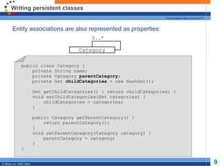 Writing persistent classes Entity associations are also represented as properties: 0..* public class Category { private String name; private Category  parentCategory ; private Set  childCategories  = new HashSet(); Set getChildCategories() { return childCategories; } void setChildCategories(Set categories) { childCategories = categories; } public Category getParentCategory() {  return parentCategory(); } void setParentCategory(Category category) { parentCategory = category; } } Category 