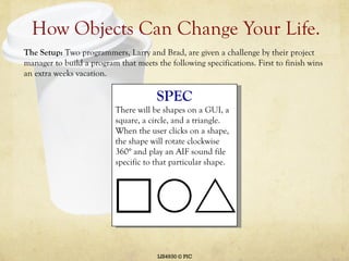 How Objects Can Change Your Life. LIS4930 © PIC ,[object Object],SPEC There will be shapes on a GUI, a square, a circle, and a triangle. When the user clicks on a shape, the shape will rotate clockwise 360° and play an AIF sound file specific to that particular shape. 