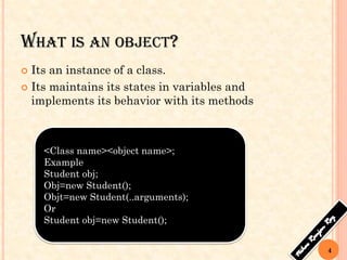 WHAT IS AN OBJECT?
 Its an instance of a class.
 Its maintains its states in variables and
implements its behavior with its methods
<Class name><object name>;
Example
Student obj;
Obj=new Student();
Objt=new Student(..arguments);
Or
Student obj=new Student();
4
 