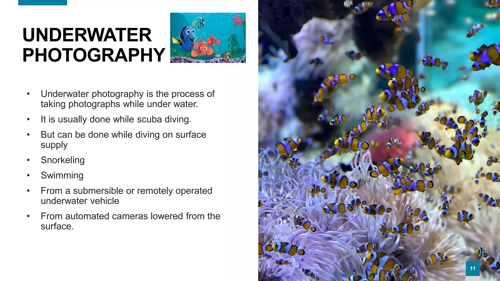 1111
UNDERWATER
PHOTOGRAPHY
• Underwater photography is the process of
taking photographs while under water.
• It is usually done while scuba diving.
• But can be done while diving on surface
supply
• Snorkeling
• Swimming
• From a submersible or remotely operated
underwater vehicle
• From automated cameras lowered from the
surface.
11
 