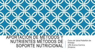APORTACIÓN DE MÉTODOS Y
NUTRIENTES MÉTODOS DE
SOPORTE NUTRICIONAL
Cetro de Salud Pabellón de
Hidalgo
LPN Aranxa Garnica
Oropeza
 