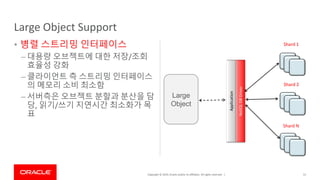 Copyright © 2019, Oracle and/or its affiliates. All rights reserved. |
Large Object Support
• 병렬 스트리밍 인터페이스
– 대용량 오브젝트에 대한 저장/조회
효율성 강화
– 클라이언트 측 스트리밍 인터페이스
의 메모리 소비 최소함
– 서버측은 오브젝트 분할과 분산을 담
당, 읽기/쓰기 지연시간 최소화가 목
표
51
Large
Object
NoSQLDBDriver
Application
Shard 2
Shard N
Shard 1
 