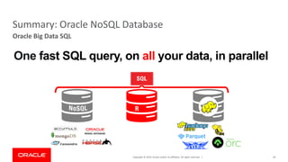 Copyright © 2019, Oracle and/or its affiliates. All rights reserved. | 59
Oracle Big Data SQL
Summary: Oracle NoSQL Database
One fast SQL query, on all your data, in parallel
 