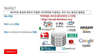 Copyright © 2019, Oracle and/or its affiliates. All rights reserved. |
NoSQL?
No SQL
Not only SQL
Non-relational database SQL
9
NOSQL DATABASES [>225]
- http://nosql-database.org
데이터의 특성에 맞추어 적절한 아키텍쳐에 저장하는 것이 TCO 절감의 출발점
 