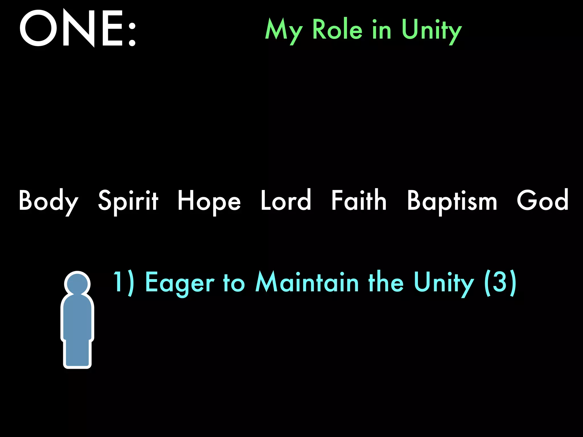 ONE:              My Role in Unity




Body Spirit Hope Lord Faith Baptism God


      1) Eager to Maintain the Unity (3)
 