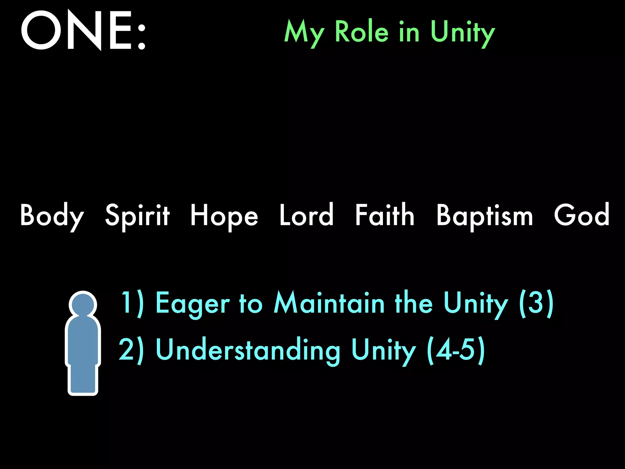 ONE:              My Role in Unity




Body Spirit Hope Lord Faith Baptism God


      1) Eager to Maintain the Unity (3)
      2) Understanding Unity (4-5)
 