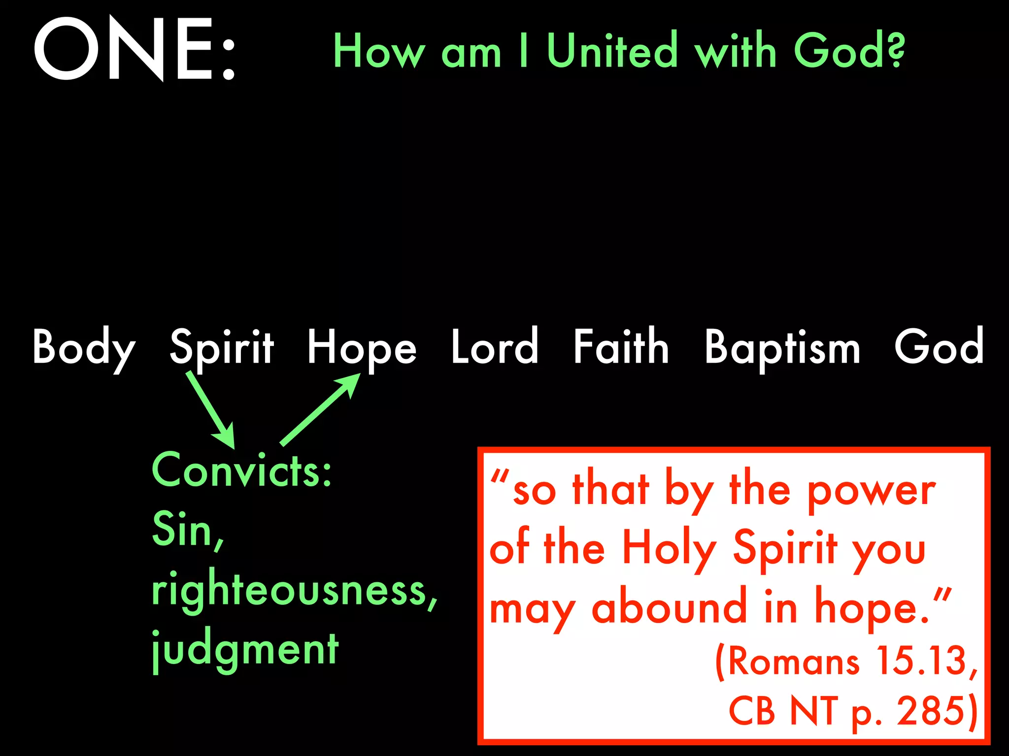 ONE:        How am I United with God?




Body Spirit Hope Lord Faith Baptism God

    Convicts:        “so that by the power
    Sin,             of the Holy Spirit you
    righteousness,   may abound in hope.”
    judgment                   (Romans 15.13,
                                CB NT p. 285)
 