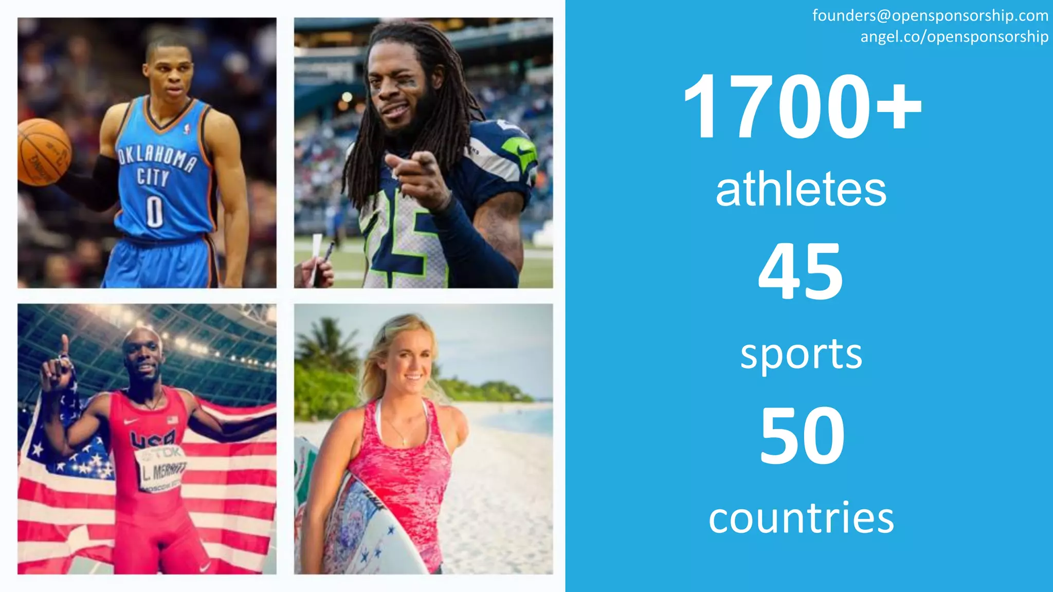 1700+
athletes
45
sports
50
countries
founders@opensponsorship.com
angel.co/opensponsorship
 