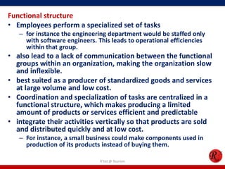 Functional structure
• Employees perform a specialized set of tasks
   – for instance the engineering department would be staffed only
     with software engineers. This leads to operational efficiencies
     within that group.
• also lead to a lack of communication between the functional
  groups within an organization, making the organization slow
  and inflexible.
• best suited as a producer of standardized goods and services
  at large volume and low cost.
• Coordination and specialization of tasks are centralized in a
  functional structure, which makes producing a limited
  amount of products or services efficient and predictable
• integrate their activities vertically so that products are sold
  and distributed quickly and at low cost.
   – For instance, a small business could make components used in
     production of its products instead of buying them.

                               R'tist @ Tourism
 