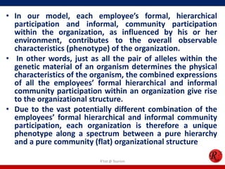 • In our model, each employee’s formal, hierarchical
  participation and informal, community participation
  within the organization, as influenced by his or her
  environment, contributes to the overall observable
  characteristics (phenotype) of the organization.
• In other words, just as all the pair of alleles within the
  genetic material of an organism determines the physical
  characteristics of the organism, the combined expressions
  of all the employees’ formal hierarchical and informal
  community participation within an organization give rise
  to the organizational structure.
• Due to the vast potentially different combination of the
  employees’ formal hierarchical and informal community
  participation, each organization is therefore a unique
  phenotype along a spectrum between a pure hierarchy
  and a pure community (flat) organizational structure

                          R'tist @ Tourism
 