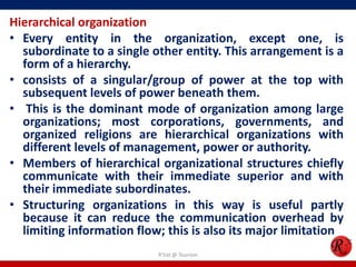 Hierarchical organization
• Every entity in the organization, except one, is
  subordinate to a single other entity. This arrangement is a
  form of a hierarchy.
• consists of a singular/group of power at the top with
  subsequent levels of power beneath them.
• This is the dominant mode of organization among large
  organizations; most corporations, governments, and
  organized religions are hierarchical organizations with
  different levels of management, power or authority.
• Members of hierarchical organizational structures chiefly
  communicate with their immediate superior and with
  their immediate subordinates.
• Structuring organizations in this way is useful partly
  because it can reduce the communication overhead by
  limiting information flow; this is also its major limitation
                           R'tist @ Tourism
 