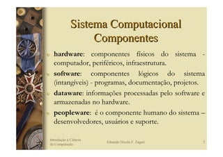 Sistema Computacional
                      Componentes
υ     hardware: componentes físicos do sistema -
      computador, periféricos, infraestrutura.
υ     software: componentes lógicos do sistema
      (intangíveis) - programas, documentação, projetos.
υ     dataware: informações processadas pelo software e
      armazenadas no hardware.
υ     peopleware: é o componente humano do sistema –
      desenvolvedores, usuários e suporte.

    Introdução à Ciência
                           Eduardo Nicola F. Zagari    2
    da Computação
 