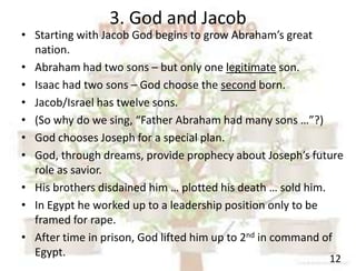 3. God and Jacob
12
• Starting with Jacob God begins to grow Abraham’s great
nation.
• Abraham had two sons – but only one legitimate son.
• Isaac had two sons – God choose the second born.
• Jacob/Israel has twelve sons.
• (So why do we sing, “Father Abraham had many sons …”?)
• God chooses Joseph for a special plan.
• God, through dreams, provide prophecy about Joseph’s future
role as savior.
• His brothers disdained him … plotted his death … sold him.
• In Egypt he worked up to a leadership position only to be
framed for rape.
• After time in prison, God lifted him up to 2nd in command of
Egypt.
 