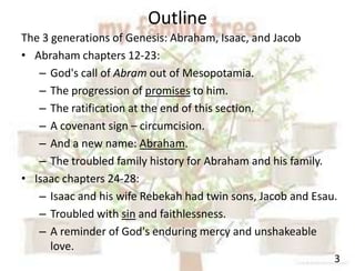 Outline
3
The 3 generations of Genesis: Abraham, Isaac, and Jacob
• Abraham chapters 12-23:
– God's call of Abram out of Mesopotamia.
– The progression of promises to him.
– The ratification at the end of this section.
– A covenant sign – circumcision.
– And a new name: Abraham.
– The troubled family history for Abraham and his family.
• Isaac chapters 24-28:
– Isaac and his wife Rebekah had twin sons, Jacob and Esau.
– Troubled with sin and faithlessness.
– A reminder of God's enduring mercy and unshakeable
love.
 