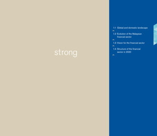 strong
1.1 Global and domestic landscape
1.2 Evolution of the Malaysian
financial sector
1.3 Vision for the financial sector
1.4 Structure of the financial
sector in 2020
 