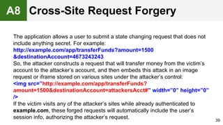 The application allows a user to submit a state changing request that does not
include anything secret. For example:
http://example.com/app/transferFunds?amount=1500
&destinationAccount=4673243243
So, the attacker constructs a request that will transfer money from the victim’s
account to the attacker’s account, and then embeds this attack in an image
request or iframe stored on various sites under the attacker’s control:
<img src=”http://example.com/app/transferFunds?
amount=1500&destinationAccount=attackersAcct#” width=”0” height=”0”
/>
If the victim visits any of the attacker’s sites while already authenticated to
example.com, these forged requests will automatically include the user’s
session info, authorizing the attacker’s request. 39
A8 Cross-Site Request Forgery
 