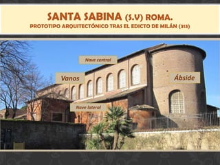SANTA SABINA (S.V) ROMA.
PROTOTIPO ARQUITECTÓNICO TRAS EL EDICTO DE MILÁN (313)
ÁbsideÁbsideVanosVanos
Nave centralNave central
Nave lateralNave lateral
 