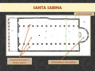 SANTA SABINA
Orientada a JerusalemOrientada a Jerusalem
En general tenían 5
naves, aquí 3.
En general tenían 5
naves, aquí 3.
Falta el transeptoFalta el transepto
 