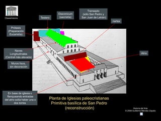 Claseshistoria
Historia del Arte
© 2006 Guillermo Méndez Zapata
Planta de Iglesias paleocristianas
Primitiva basílica de San Pedro
(reconstrucción)
Atrio
nartex
Testero
Naves
Longitudinales
(Central más elevada)
Diaconicum
(sacristía)
Prótasis
(Preparación
Eucaristía)
En base de iglesia o
flanqueando entradas
del atrio solía haber una o
dos torres
Transepto
(sólo San Pedro y
San Juan de Letrán)
Muros lisos,
sin decoración
 