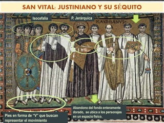 SAN VITAL: JUSTINIANO Y SU SÉQUITO
Isocefalia
Pies en forma de “V” que buscan
representar el movimiento
P. Jerárquica
Abandono del fondo enteramente
dorado, se ubica a los personajes
en un espacio físico.
 