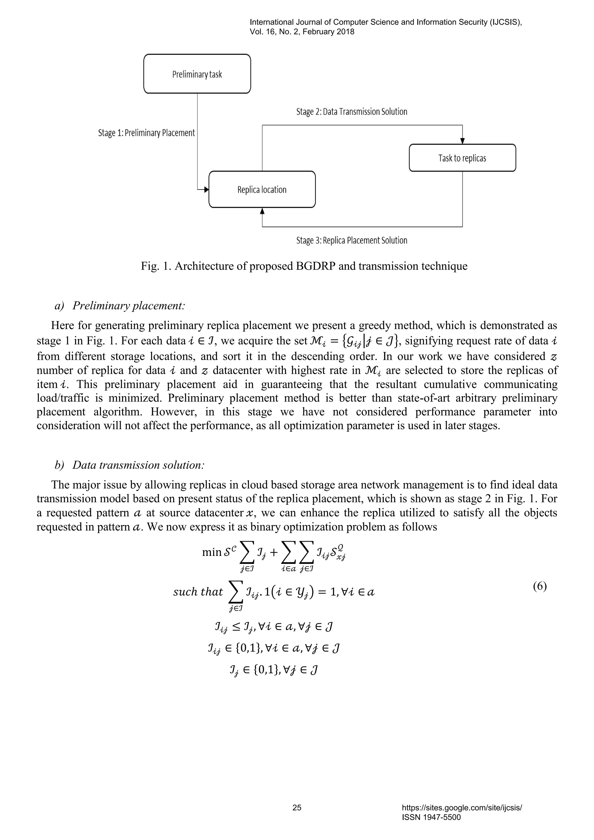 Fig. 1. Architecture of proposed BGDRP and transmission technique
a) Preliminary placement:
Here for generating preliminary replica placement we present a greedy method, which is demonstrated as
stage 1 in Fig. 1. For each data , we acquire the set , signifying request rate of data
from different storage locations, and sort it in the descending order. In our work we have considered
number of replica for data and datacenter with highest rate in are selected to store the replicas of
item . This preliminary placement aid in guaranteeing that the resultant cumulative communicating
load/traffic is minimized. Preliminary placement method is better than state-of-art arbitrary preliminary
placement algorithm. However, in this stage we have not considered performance parameter into
consideration will not affect the performance, as all optimization parameter is used in later stages.
b) Data transmission solution:
The major issue by allowing replicas in cloud based storage area network management is to find ideal data
transmission model based on present status of the replica placement, which is shown as stage 2 in Fig. 1. For
a requested pattern at source datacenter , we can enhance the replica utilized to satisfy all the objects
requested in pattern . We now express it as binary optimization problem as follows
(6)
International Journal of Computer Science and Information Security (IJCSIS),
Vol. 16, No. 2, February 2018
25 https://sites.google.com/site/ijcsis/
ISSN 1947-5500
 