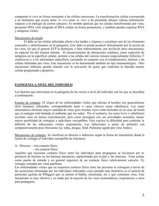 3
comportan in vitro en forma semejante a las células cancerosas. La transformación celular corresponde
a un fenómeno que ocurre tanto in vivo como in vitro y ha permitido obtener valiosa información
respecto a la etiología de ciertos cánceres. Es notable apreciar que las células transformadas por virus,
presentan DNA viral integrado al DNA celular en forma permanente, y también pueden expresar RNA
y antígenos virales.
Mecanismos de lesión.
El daño en las células infectadas afecta a los tejidos y órganos y constituye uno de los elementos
esenciales y determinantes en la patogenia. Este daño se puede producir directamente por la acción de
los virus, los que al generar ECP la destruyen, o bien indirectamente, por acción de otros mecanismos,
en especial los del sistema inmune. El reconocimiento de alteraciones celulares, como expresión de
antígenos en la superficie celular, permite a las células del sistema inmune (especialmente linfocitos T
citotóxicos) y a los anticuerpos específicos, (actuando en conjunto con el complemento), destruir a las
células infectadas por virus. Este mecanismo se ha denominado también de tipo inmunoalérgico. Otro
mecanismo indirecto guarda relación con la activación de genes que controlan la llamada muerte
celular programada o apoptosis.
PATOGENIA A NIVEL DEL INDIVIDUO
Los factores que intervienen en la patogenia de las virosis a nivel del individuo son los que se describen
a continuación :
Fuentes de contagio. El origen de las enfermedades virales que afectan al hombre son generalmente
otros humanos infectados, correspondiendo tanto a casos clínicos como subclínicos. Los casos
sintomáticos eliminan mayor cantidad de virus, pero muchas veces están recluidos en su casa, de modo
que el contagio está limitado al ambiente que los rodea. Por el contrario, los casos leves o subclínicos
excretan virus en menor concentración, pero como prosiguen con sus actividades normales, tienen
mayor posibilidad de contagiar a individuos susceptibles. Esto explica la dificultad para controlar la
difusión de las infecciones virales respiratorias. Las infecciones a partir de animales son
comparativamente poco frecuentes (ej: rabia, dengue, Sind. Pulmonar agudo por virus Andes).
Mecanismos de contagio. Se clasifican en directos o indirectos según la forma de transmitirse desde la
fuente de contagio al individuo susceptible de infectarse:
A.- Directos: - con contacto físico.
- sin contacto físico.
Aquellos que necesitan contacto físico entre los individuos para propagarse se favorecen por la
presencia de lesiones en las barreras mecánicas, representadas por la piel y las mucosas. Estas actúan
como puerta de entrada y en general requieren de un contacto físico relativamente estrecho. Ej:
verrugas causadas por virus papiloma.
Las enfermedades virales que no requieren contacto físico entre las personas se contagian a través de
las secreciones eliminadas por los individuos infectados, cuyo ejemplo más ilustrativo es el aerosol de
partículas (gotitas de Pflügger) que se emiten al hablar, estornudar, etc y que contienen virus. Este
mecanismo es muy efectivo y es usado por la mayoría de los virus exantemáticos, respiratorios y otros
para propagarse.
 