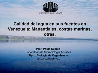 Calidad del agua en sus fuentes en
Venezuela: Manantiales, costas marinas,
                otras.


                Prof. Paula Suárez
        Laboratorio de Microbiología Acuática
          Dpto. Biología de Organismos
                 (psuarez@usb.ve).
 