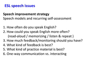 Speech	improvement	strategy	
Speech	models	and	recurring	self-assessment	
	
1.	How	often	do	you	speak	English?		
2.	How	could	you	speak	English	more	often?		
	(read-aloud	/	memorizing	/	listen	&	repeat	)	
3.	How	much	feedback/monitoring	should	you	have?	
4.	What	kind	of	feedback	is	best?		
5.	What	kind	of	practice	material	is	best?	
6.	One-way	communication	vs.	interacting	
ESL	speech	issues	
 
