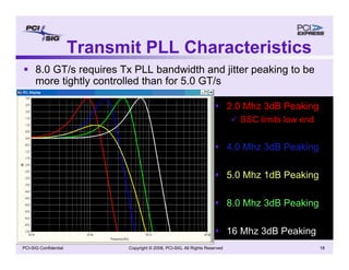 Copyright © 2008, PCI-SIG, All Rights Reserved 18
PCI-SIG Confidential
Transmit PLL Characteristics
ƒ 8.0 GT/s requires Tx PLL bandwidth and jitter peaking to be
more tightly controlled than for 5.0 GT/s
ƒ 2.0 Mhz 3dB Peaking
9 SSC limits low end
ƒ 4.0 Mhz 3dB Peaking
ƒ 5.0 Mhz 1dB Peaking
ƒ 8.0 Mhz 3dB Peaking
ƒ 16 Mhz 3dB Peaking
 