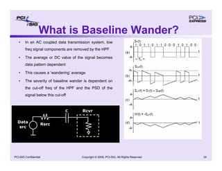 Copyright © 2008, PCI-SIG, All Rights Reserved 34
PCI-SIG Confidential
What is Baseline Wander?
• In an AC coupled data transmission system, low
freq signal components are removed by the HPF
• The average or DC value of the signal becomes
data pattern dependent
• This causes a ‘wandering’ average
• The severity of baseline wander is dependent on
the cut-off freq of the HPF and the PSD of the
signal below this cut-off
C
Data
src
Rsrc
Rcvr
 