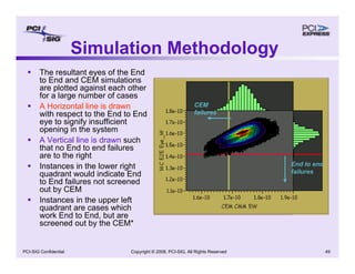 Copyright © 2008, PCI-SIG, All Rights Reserved 49
PCI-SIG Confidential
Simulation Methodology
ƒ The resultant eyes of the End
to End and CEM simulations
are plotted against each other
for a large number of cases
ƒ A Horizontal line is drawn
with respect to the End to End
eye to signify insufficient
opening in the system
ƒ A Vertical line is drawn such
that no End to end failures
are to the right
ƒ Instances in the lower right
quadrant would indicate End
to End failures not screened
out by CEM
ƒ Instances in the upper left
quadrant are cases which
work End to End, but are
screened out by the CEM*
End to end
failures
CEM
failures
 