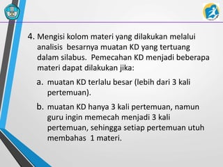 4. Mengisi kolom materi yang dilakukan melalui
analisis besarnya muatan KD yang tertuang
dalam silabus. Pemecahan KD menjadi beberapa
materi dapat dilakukan jika:
a. muatan KD terlalu besar (lebih dari 3 kali
pertemuan).
b. muatan KD hanya 3 kali pertemuan, namun
guru ingin memecah menjadi 3 kali
pertemuan, sehingga setiap pertemuan utuh
membahas 1 materi.
 