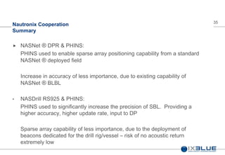 35
Nautronix Cooperation
Summary
 NASNet ® DPR & PHINS:
PHINS used to enable sparse array positioning capability from a standard
NASNet ® deployed field
Increase in accuracy of less importance, due to existing capability of
NASNet ® BLBL
• NASDrill RS925 & PHINS:
PHINS used to significantly increase the precision of SBL. Providing a
higher accuracy, higher update rate, input to DP
Sparse array capability of less importance, due to the deployment of
beacons dedicated for the drill rig/vessel – risk of no acoustic return
extremely low
 