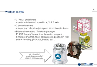 4
What's in an INS?
 3 “FOG” gyrometers
monitor rotation and speed in X, Y & Z axis
 3 accelerometers
measure acceleration (>> speed >> motion) in 3 axis
 Powerful electronic / firmware package
PHINS “knows” in real time its motion in space .
Firmware (Kalman filter) calculates its position in real
time + heading, pitch, roll, heave, etc…
All integrated
small, lean, powerful!
(PHINS 6000 example)
 