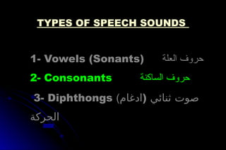 TYPES OF SPEECH SOUNDS
1- Vowels (Sonants) ‫العلة‬ ‫حروف‬
2- Consonants ‫الساكنة‬ ‫حروف‬
3- Diphthongs (‫)ادغام‬ ‫ثنائي‬ ‫صوت‬
‫الحركة‬
 