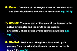 6. Velar: The back of the tongue is the active articulator
and the soft palate is the passive articulator. e.g. /k/, /g/
7. Uvular: The rear part of the back of the tongue is the
active articulator and the uvula is the passive
articulator. There are no uvular sounds in English. e.g.
/ng/
8. Glottal: Produced at the glottis. Produced by air
passing from the windpipe through the vocal cords: /h/
(as in ‘hi’). e.g. [h]
 