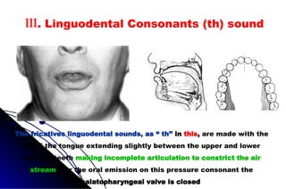 The fricatives linguodental sounds, as “ th’’ in this, are made with the
tip of the tongue extending slightly between the upper and lower
anterior teeth making incomplete articulation to constrict the air
stream. For the oral emission on this pressure consonant the
palatopharyngeal valve is closed
III. Linguodental Consonants (th) sound
 